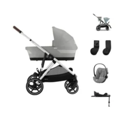 Cybex Gazelle S Kinderwagen - Silver - Stone Grey | Cybex Cloud G I-Size Plus Autostoeltje - Stone Grey | Cybex Base G | Autostoel adapters