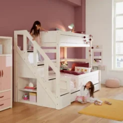 LIFETIME Kidsrooms Stapelbed Familie Met Trapkast - 90/120x200 cm - Premium Rolbodem - White Wash