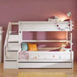 LIFETIME Kidsrooms Stapelbed Familie Met Trapkast - 90/120x200 cm - Premium Rolbodem - White Wash